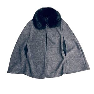 Gray Cape Coat Black Faux Fur Collar Armholes Felted Capelet Poncho Topper